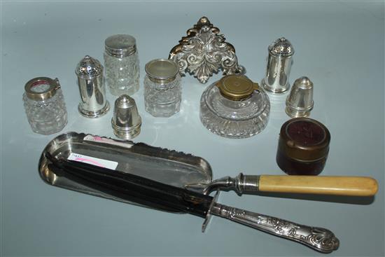4 x silver condiments, 2 x silver mounted jars/wells and five other items including silver handled paper knife